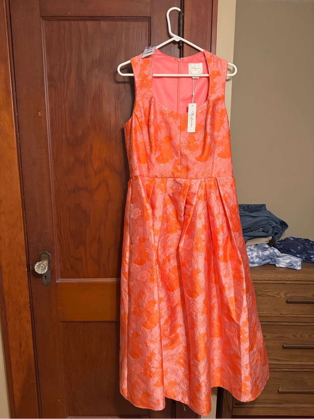 T.J.Maxx Coral and Pink Floral Jacquard Midi Dress with Scoop Neck
